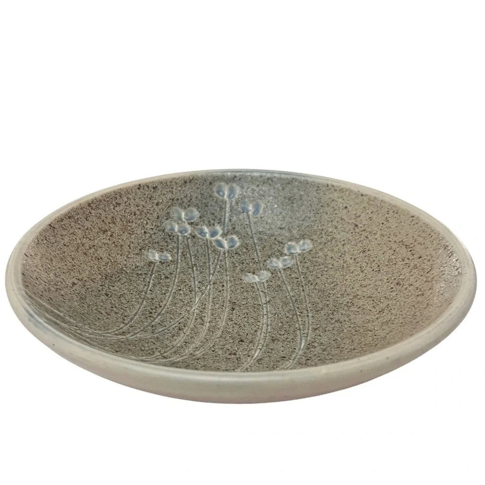 Signed Studio Pottery Shallow Bowl Handcrafted Floral Speckled Earthy Tones 9.5